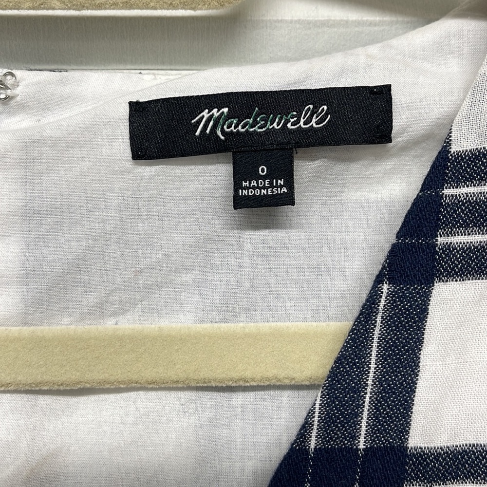 Madewell Blue and White Leighton Plaid Ruffle Bell Sleeve V-Neck Dress - Picture 5 of 9